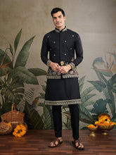 Black Jodhpuri Designer Kurta Set With Multi Coloured Thread Embroidery Work Jacket